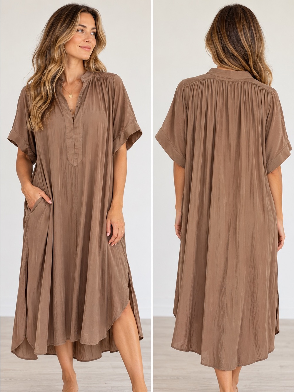 Ever by X Vegan Silk Midi Dress Taupe Chai Brown